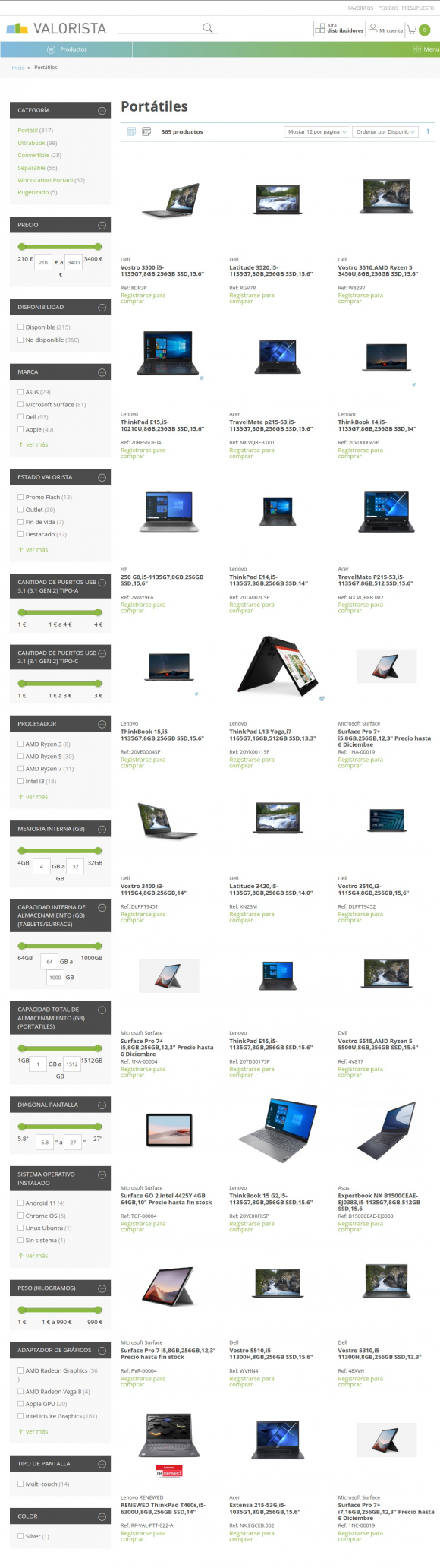 Listado de productos Valorista